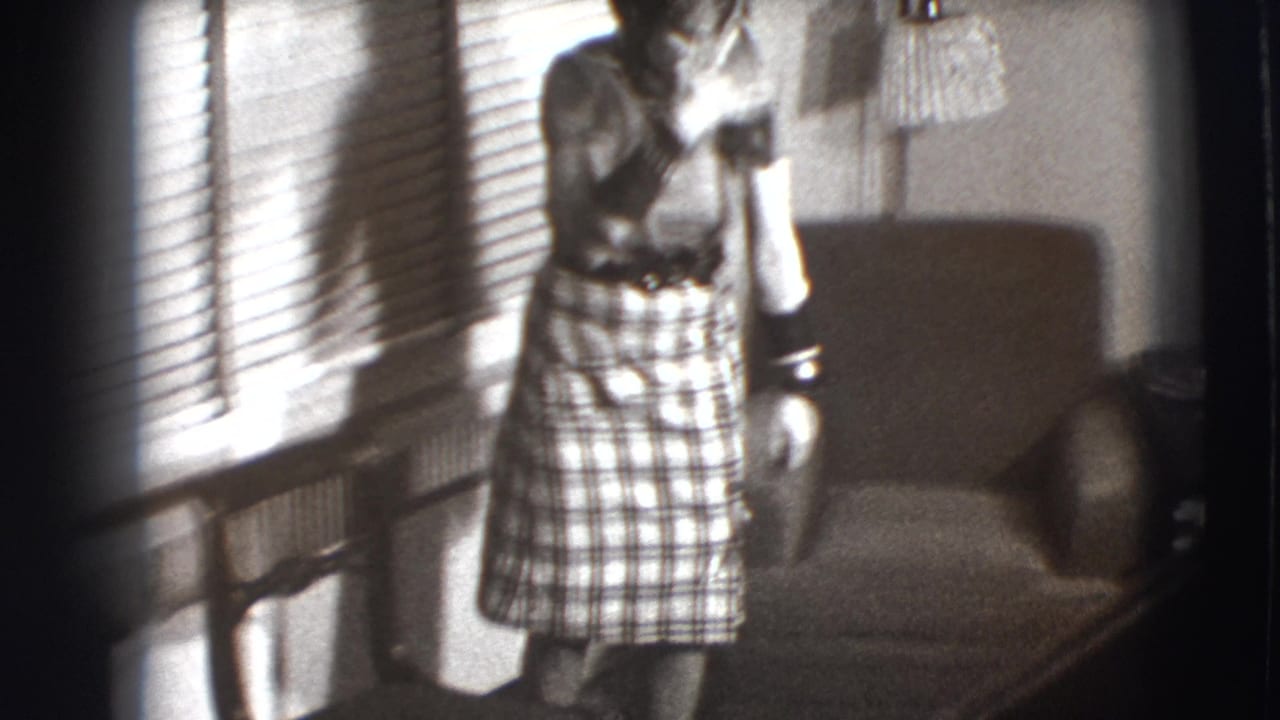 Woman in a plaid skirt standing near venetian blinds and an armchair.