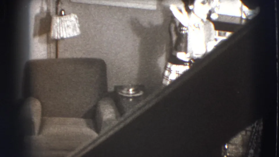 A living-room armchair and lamp remain in view while the woman in plaid is partly hidden by a dark stair or railing edge.