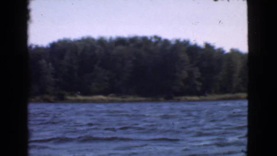 1946 Quebec 8mm view of rippled blue water and dense green trees along a low shoreline.