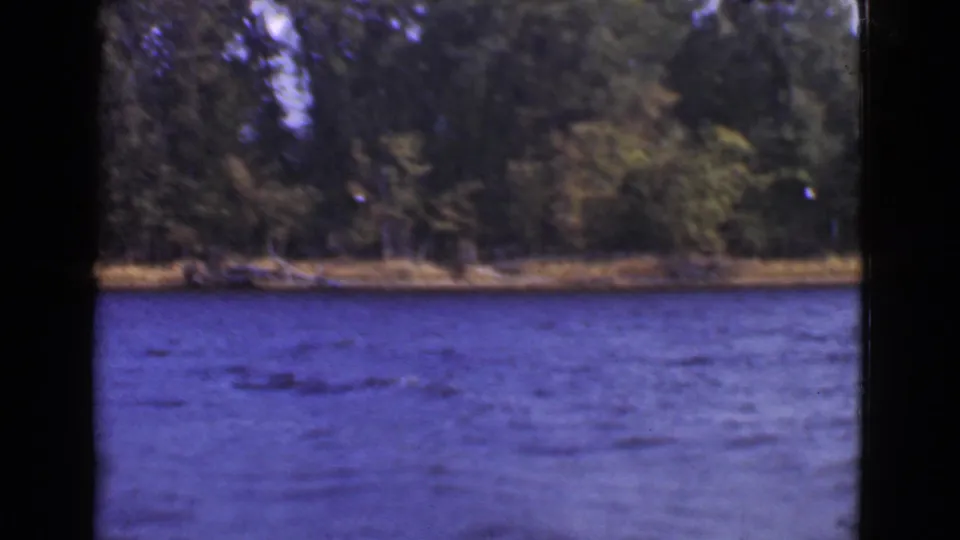 1946 Quebec 8mm frame showing rippled blue water from a boat with a dense tree-lined shore beyond.