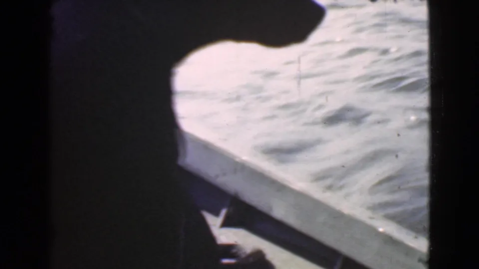 The 1946 Quebec home-movie frame shows the dog in shadow near the boat gunwale, with soft water texture filling the background.