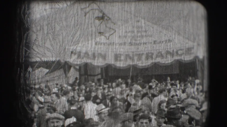 Final frame shows a busy Ringling Brothers circus entrance area in Sarasota, with adults in period hats beneath the marked canvas awning.