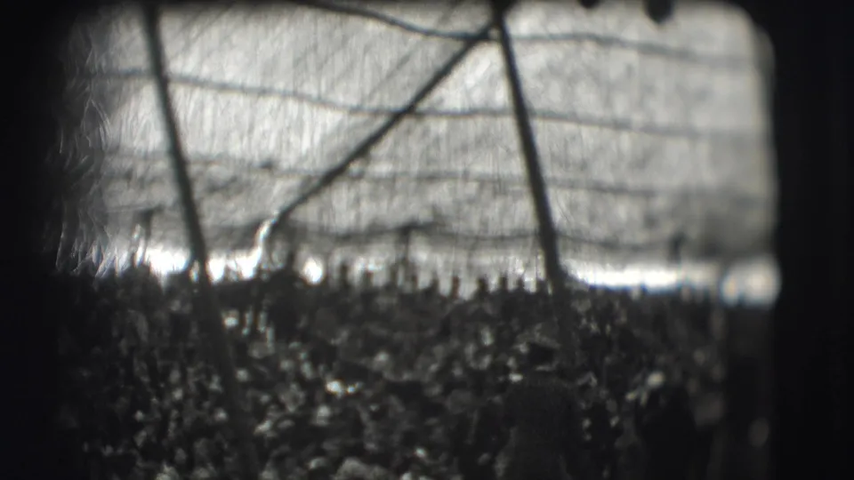 1948 Sarasota 8mm frame, per supplied metadata, with netting, bright glare, and indistinct distant gathering shapes.