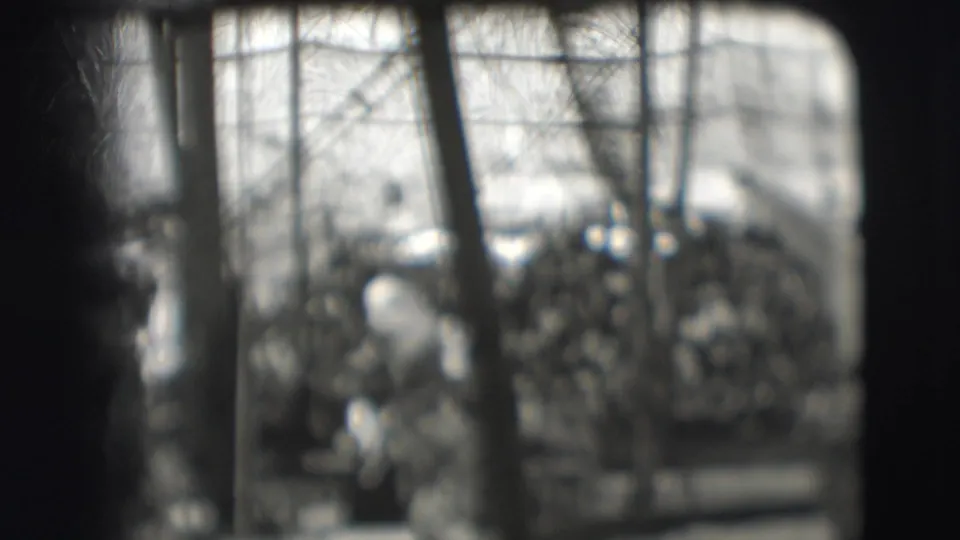 Black-and-white 8mm frame from Ringling Brothers Sarasota showing a feathered costume performer near a grouped parade formation.