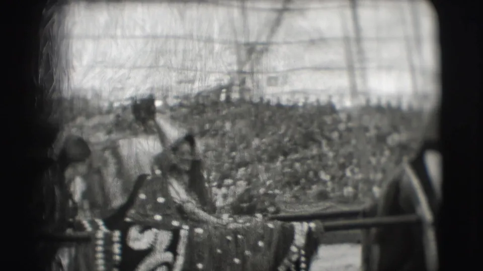The final frame shows a decorated elephant or cart with riders passing the crowded circus stands in the 1948 Sarasota footage.