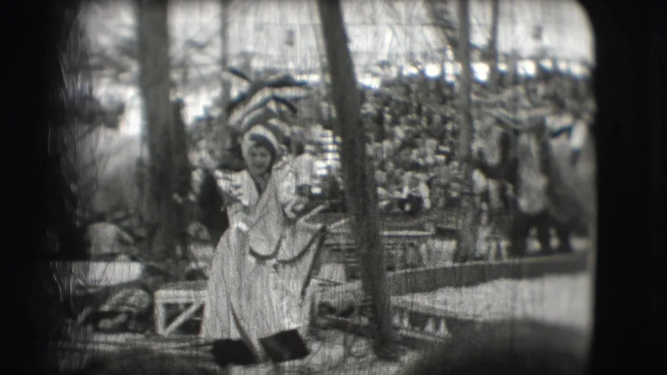 A light-costumed performer appears in the Sarasota circus ring, with barriers, poles, and a packed audience behind her.