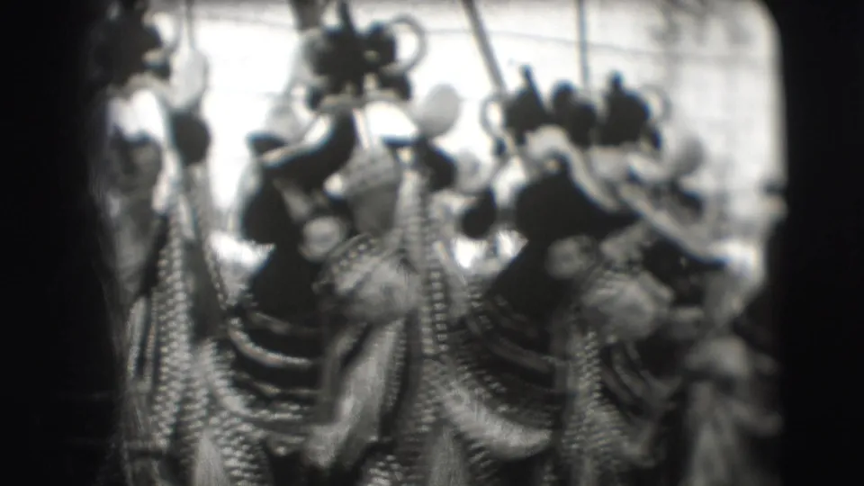 The frame appears to show an elephant act in the Sarasota circus ring, with performers and equipment partially obscured by soft 8mm focus.