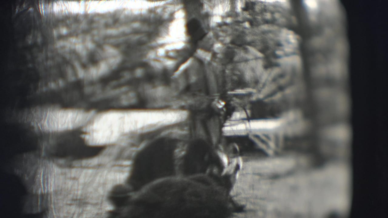 Costumed performer stands with a bear in a circus ring before seated spectators.