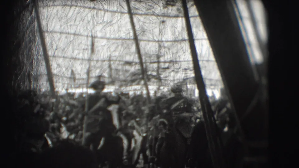The final 1948 Sarasota frame shows a mounted uniformed rider and lance amid spectators, with dark supports and scratched film texture obscuring details.