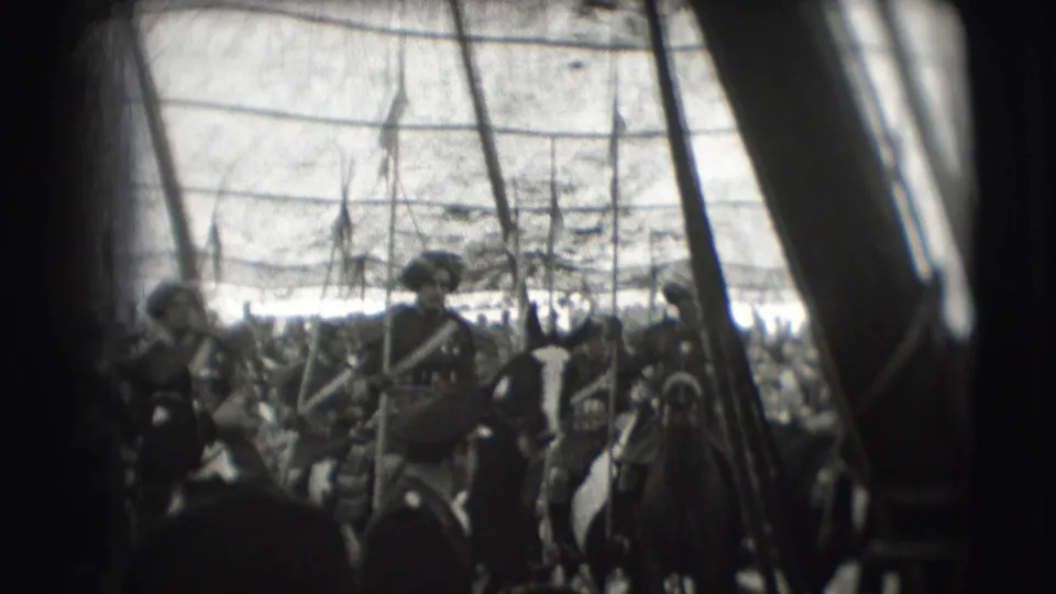 At Ringling Brothers in Sarasota in 1948, armored performers on horseback appear with lances beneath tent rigging.