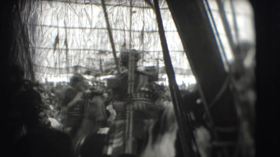 The 1948 circus footage shows armored horseback performers framed by tent supports, fencing, and distant figures.