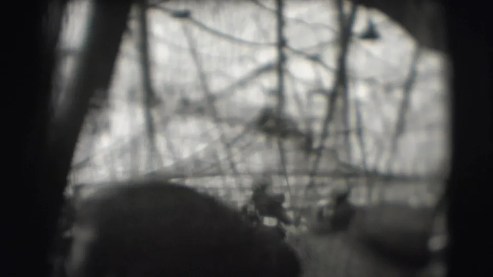 The camera catches an obstructed audience-side view of the circus tent structure and ring during the 1948 Sarasota show.