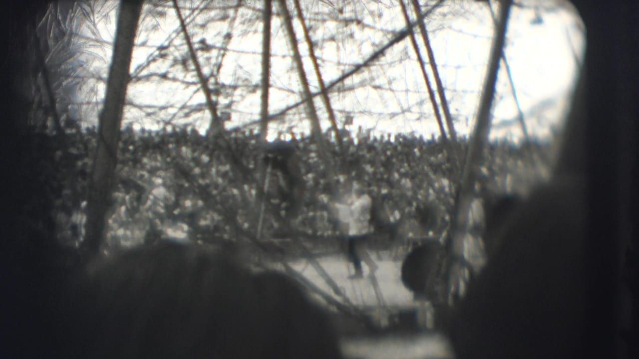 1948 Sarasota circus performance viewed from the audience through canvas supports and foreground spectators.