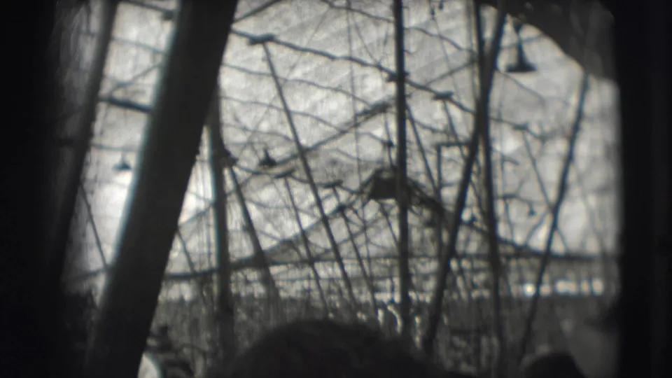 1948 Sarasota circus footage appears to show trees and dark foreground shapes partially obscuring a distant performance area.
