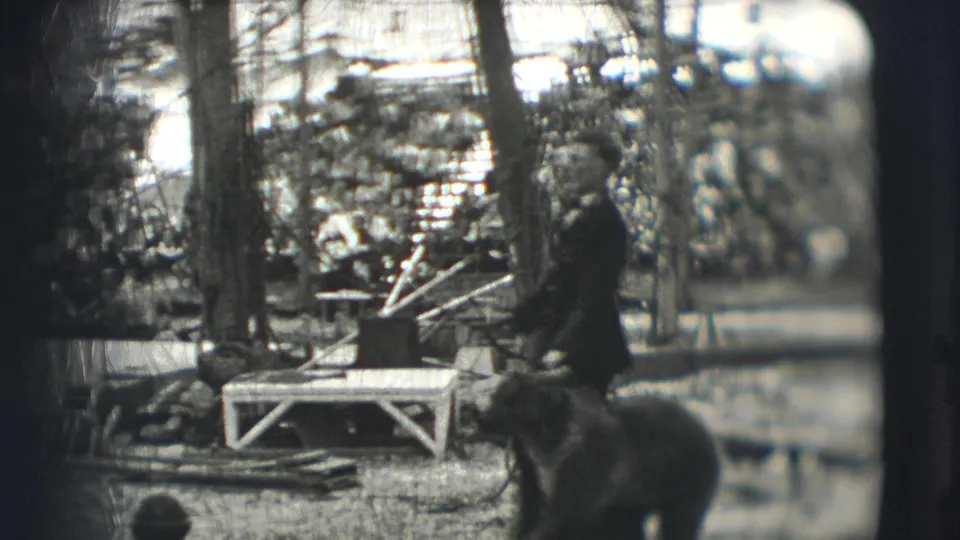 A dark-clad circus performer stands close to a bear near low platforms, props, and vertical supports in the 1948 Sarasota footage.