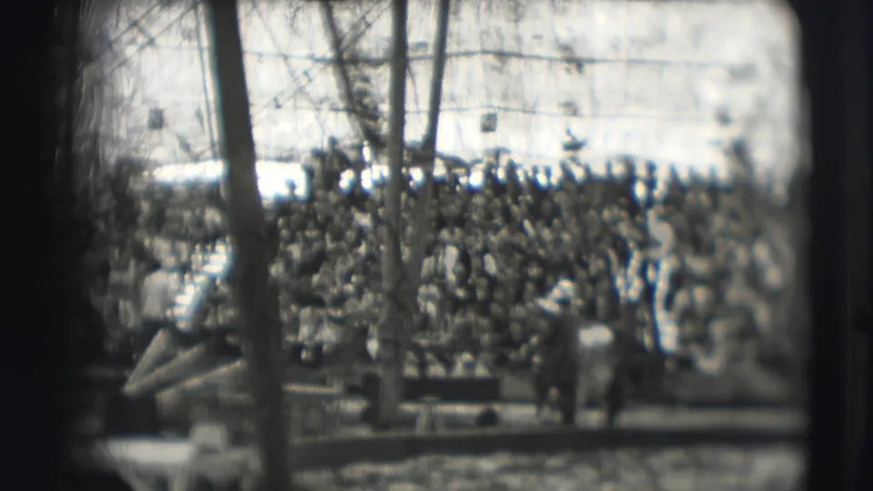 Wide home-movie view of the Sarasota circus ring, showing the bear act before a dense audience and tent supports.