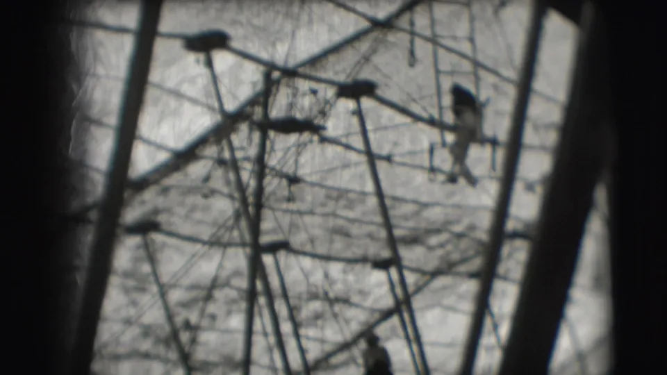 Several distant men are visible on a web of ropes and poles, filmed in high-contrast 8mm at the 1948 Sarasota circus complex.