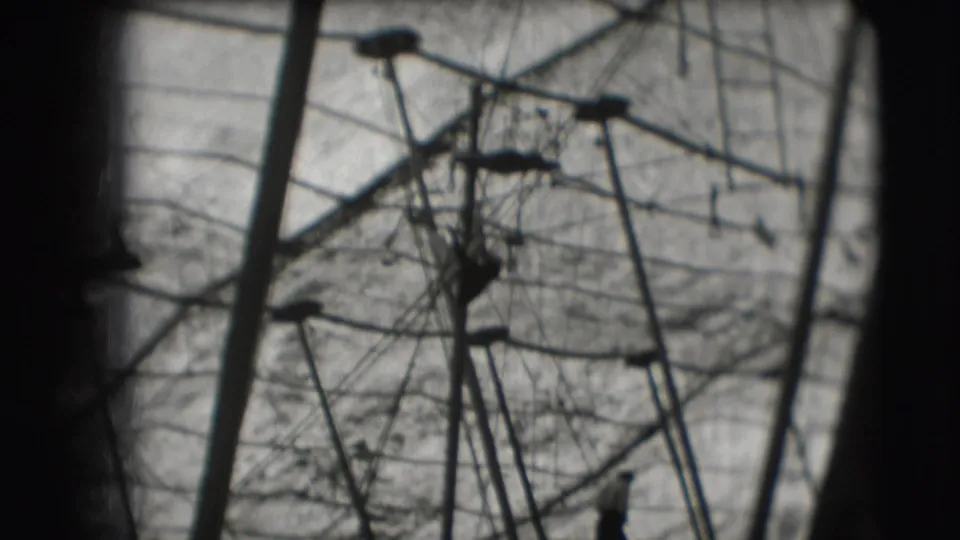 Black-and-white 1948 Sarasota circus frame showing high aerial rigging and a distant performer near the lower edge.