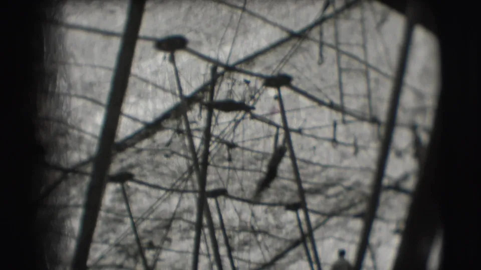 A distant circus performer is visible near the high-bar apparatus, framed by poles, cables, and black 8mm contact edges.