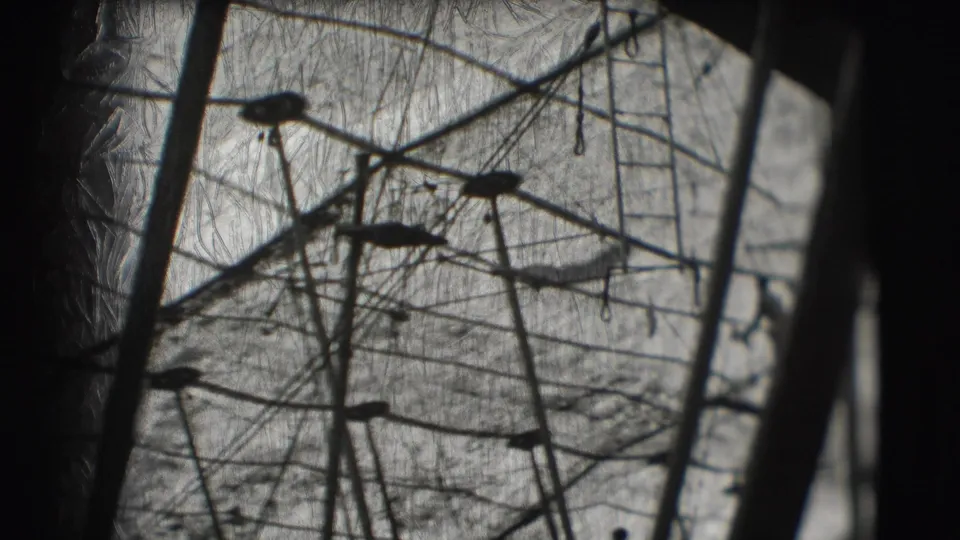 The final frame shows the performer still in motion among the high-bar rigging, with the scene softened by grain and film wear.
