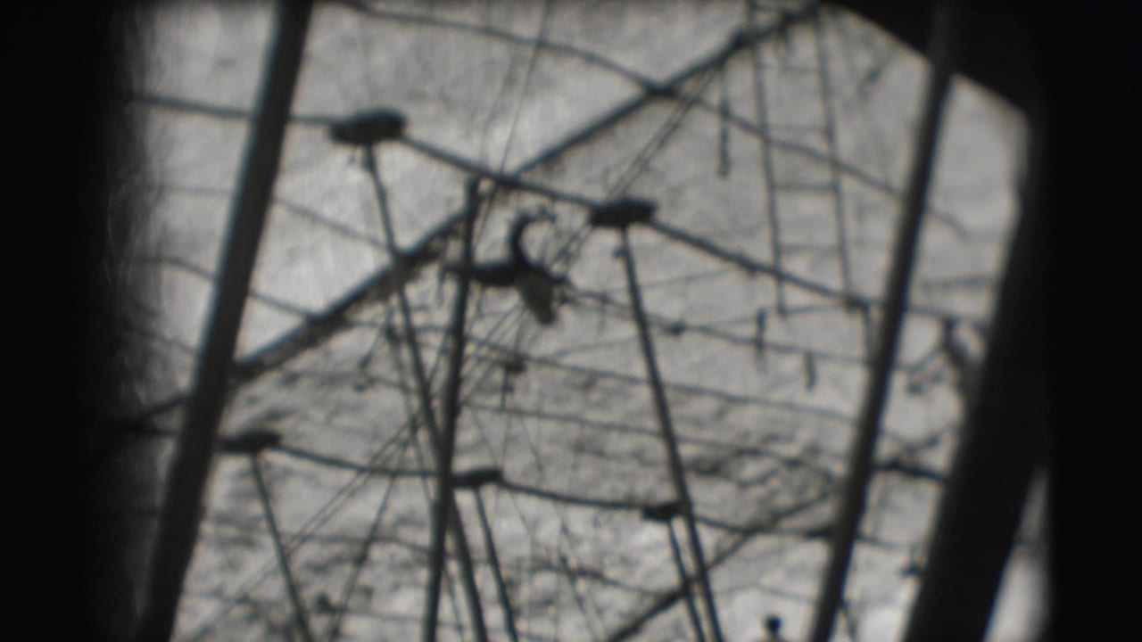 1948 Sarasota circus footage showing a silhouetted acrobat near high aerial rigging under tent canvas.