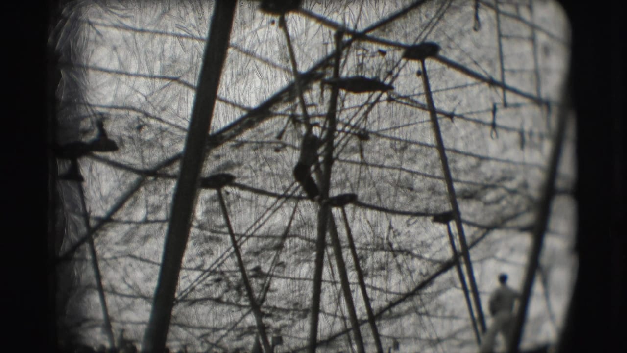 Black-and-white 8mm frame of a circus performer silhouetted near aerial bars in Sarasota, Florida.