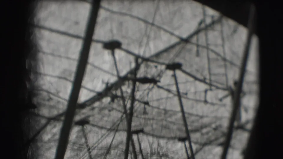 Soft 8mm frame of trapeze apparatus and distant circus performers silhouetted beneath the bright tent canopy.