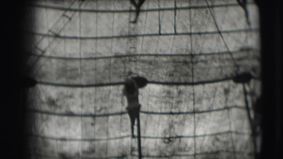1948 Sarasota circus frame with a performer silhouetted beside high-wire netting under the canvas big-top roof.