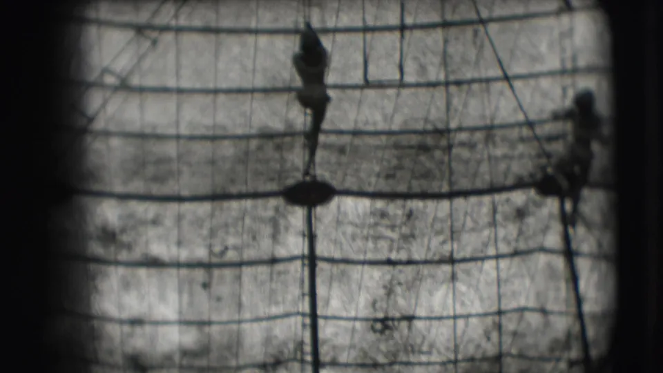 The 8mm frame shows a silhouetted trapeze performer hanging below the rigging during the Ringling Brothers Sarasota act.