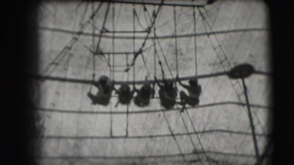Five women trapeze performers are suspended in a grouped formation below overhead bars and tent rigging in the circus tent.