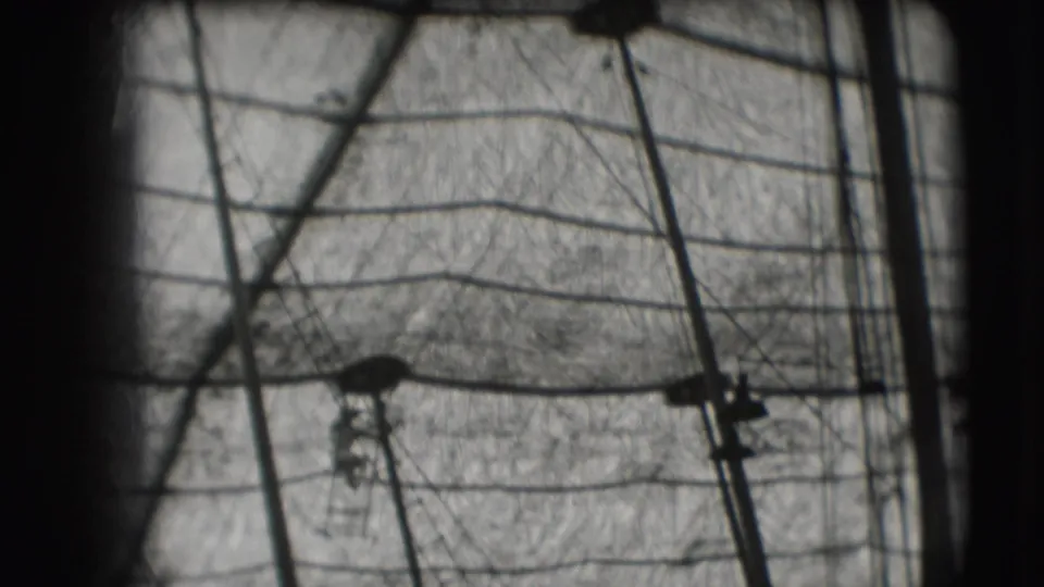 Visitor-shot 1948 circus frame showing a silhouetted trapeze performer beneath dense rigging and tent canvas.
