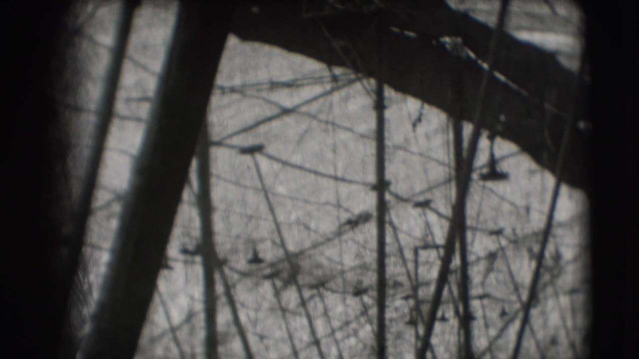Black-and-white 8mm frame from the Sarasota circus setting, with a dark beam crossing trapeze rigging and poles.