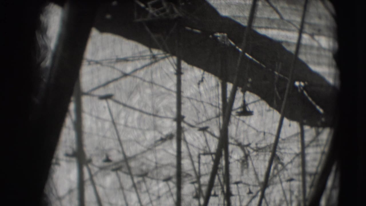 Trapeze rigging and tent poles with a small aerial performer shape in the distance.