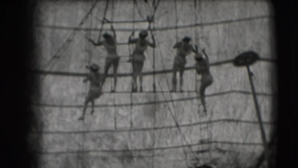 Five women performers appear spread across the circus aerial rig, with some standing on a bar and others holding ropes.