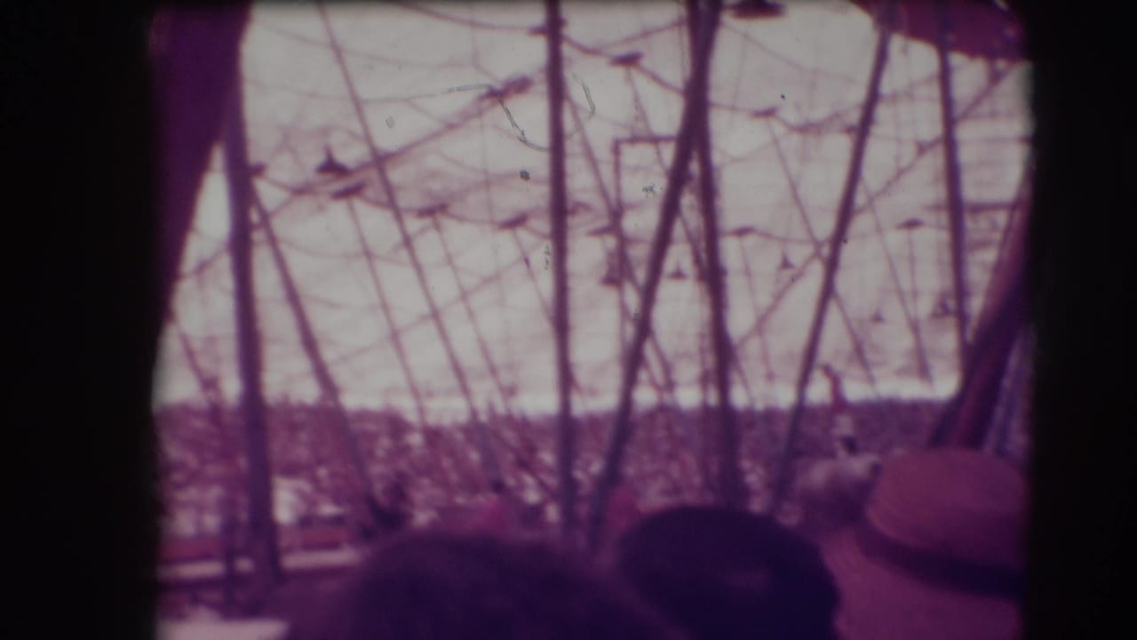 Big-top rigging and audience with spectators' heads in the foreground and a distant ring area.