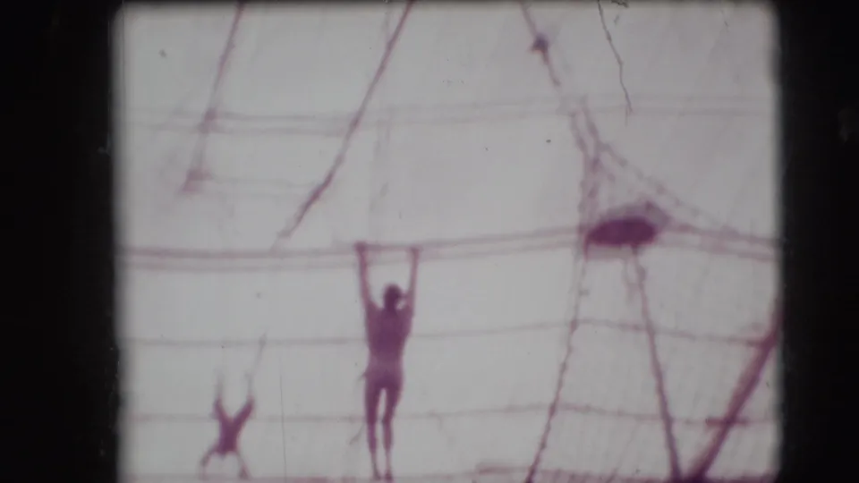 A trapeze performer hangs from the rigging above the safety net, with the circus tent canopy and another blurred figure below.