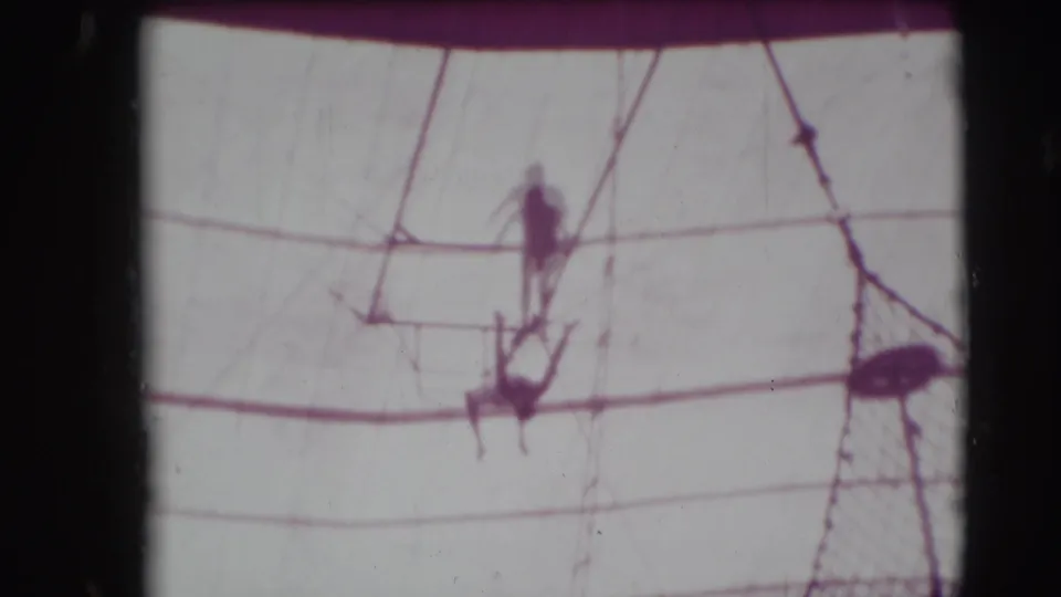 Two small aerial performers appear near trapeze ropes and a platform area in this 1948 Sarasota circus home movie frame.