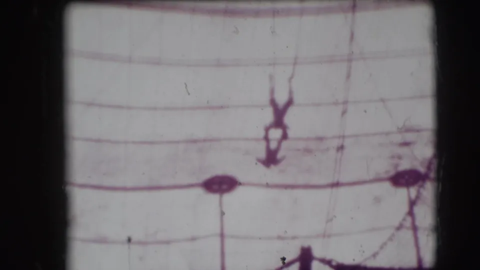 A distant trapeze performer hangs inverted beneath the circus tent, with rigging and faded 8mm texture visible.