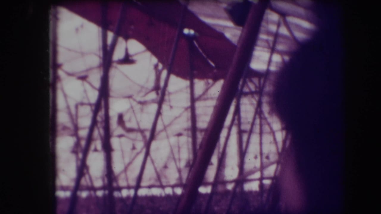 Circus rigging or netting seen through dark film edges and tree-like lines.