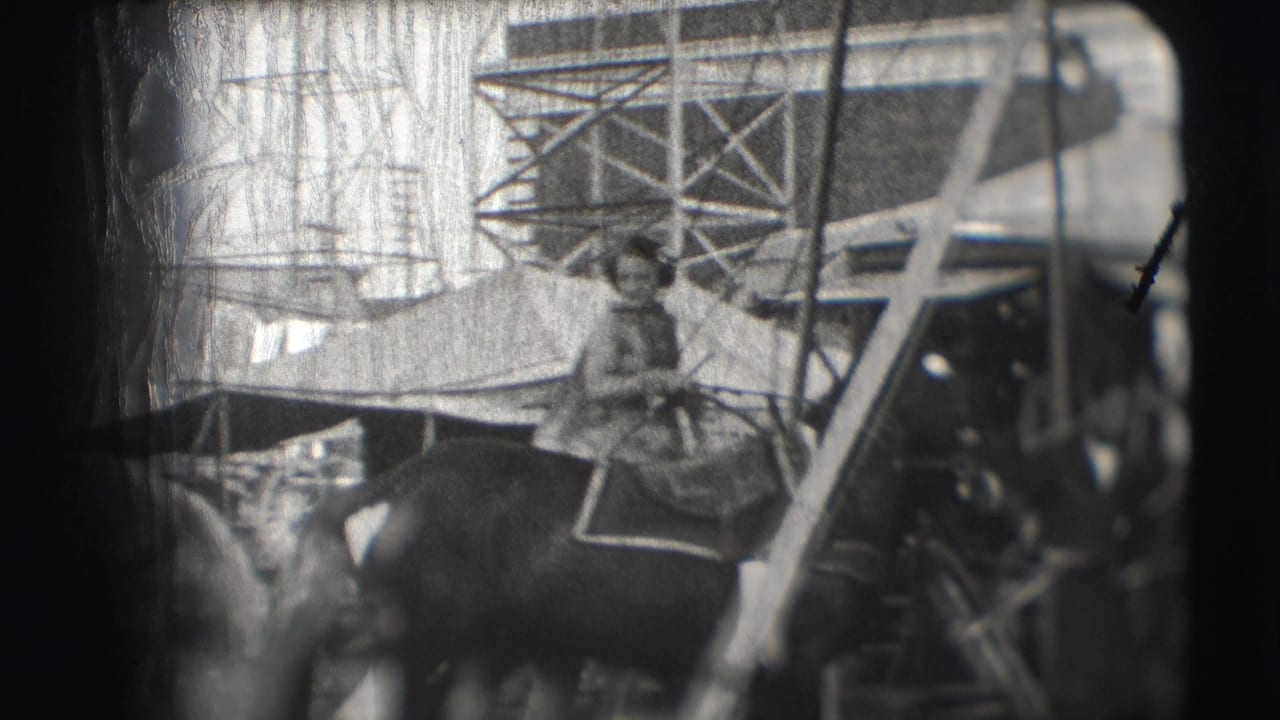 Mounted rider or handler sits on a dark horse near tents and scaffolding.