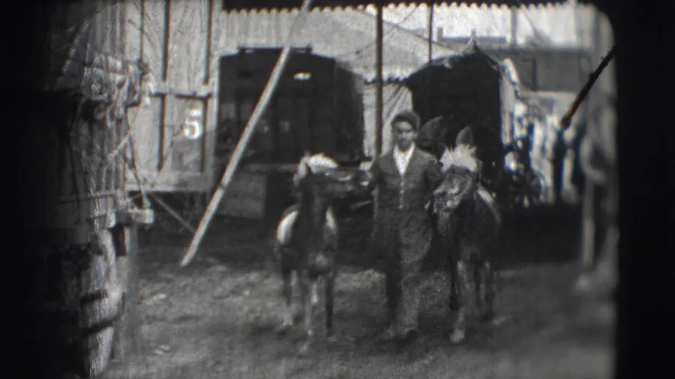 A man in period clothing walks with two small horses through the Ringling Brothers Sarasota backstage area, with a wagon and canvas opening behind him.