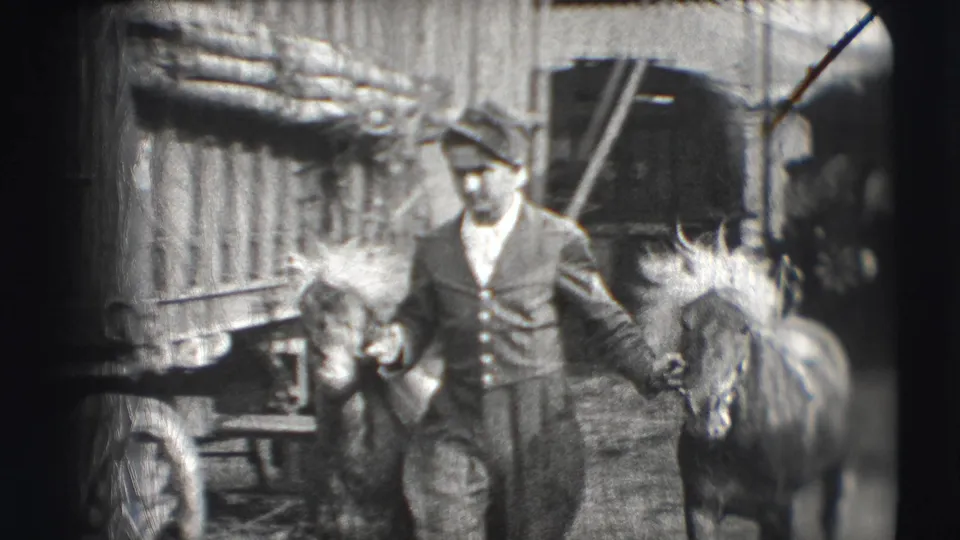 A man wearing a hat and vest stands between two horses beside a wagon and canvas backdrop in the Ringling Brothers Sarasota circus lot.