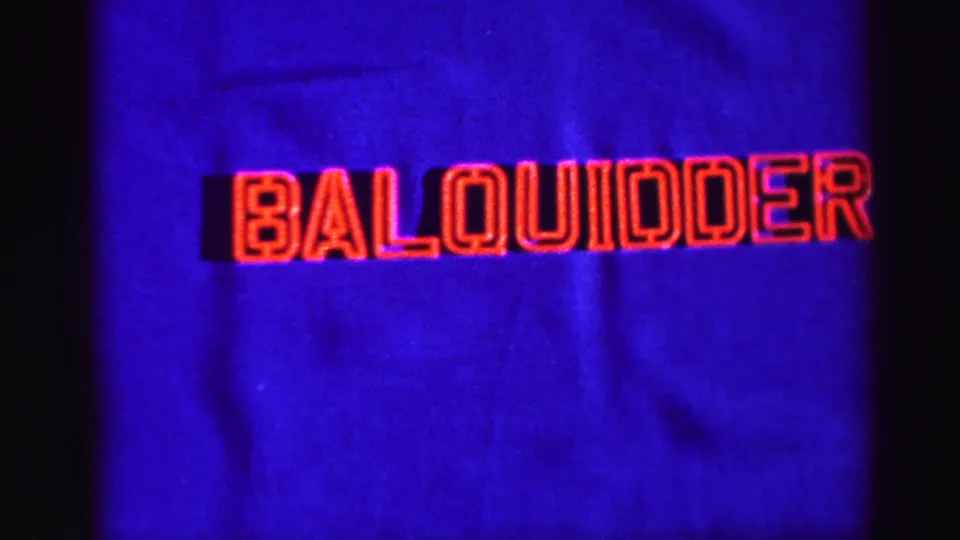 1952 8mm United Kingdom home-movie title card reading BALQUIDDER in red outlined lettering against a saturated blue field.