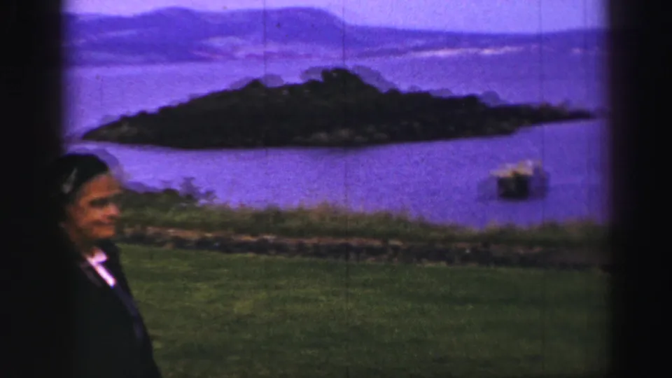 A woman in a dark coat appears at the edge of the frame, with a small island, bay water, and distant hills behind her.