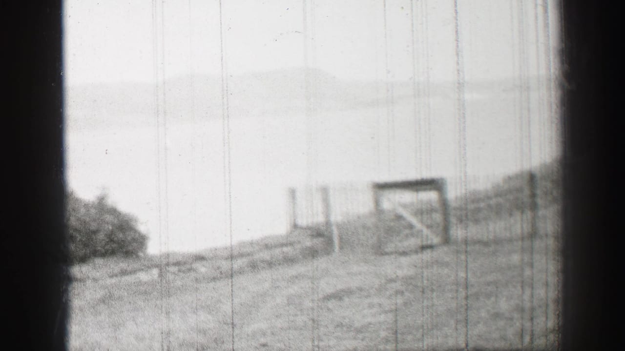 Black-and-white lakeside view with grassy slope, wooden gate, water, and distant hills.