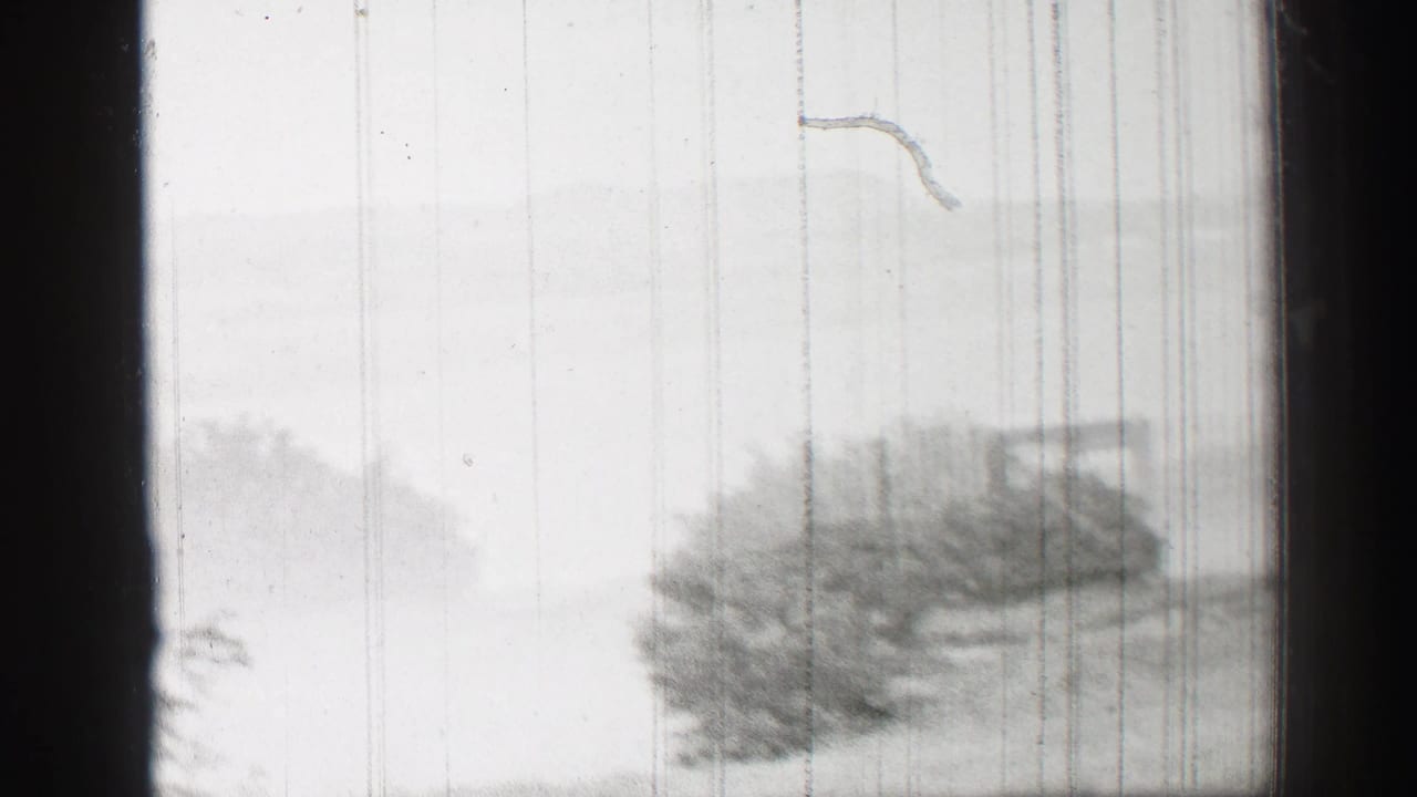 1952 United Kingdom home-movie frame with pale water, distant hills, and a dark bush or tree mass along the right shoreline.