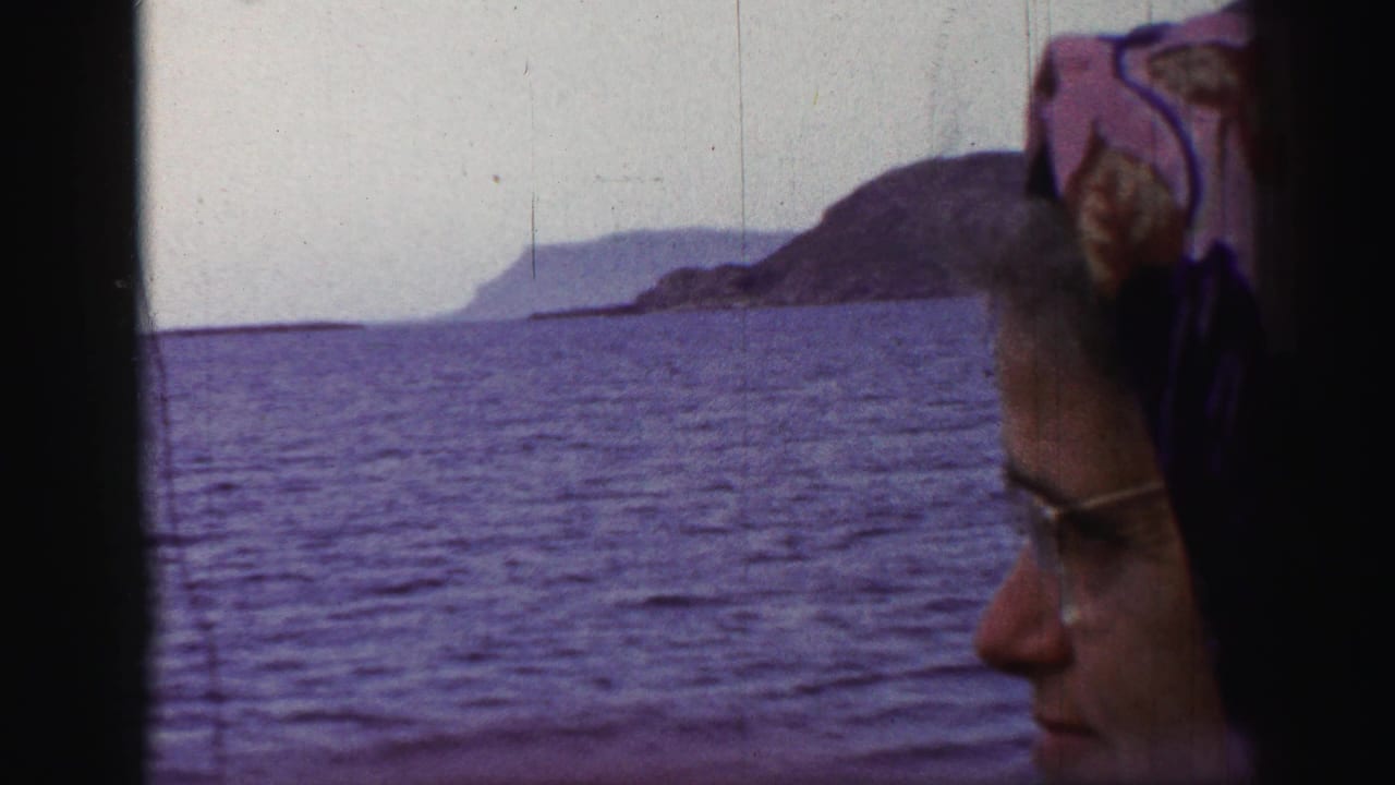 Woman in profile beside ship window with open water and distant coastline beyond.