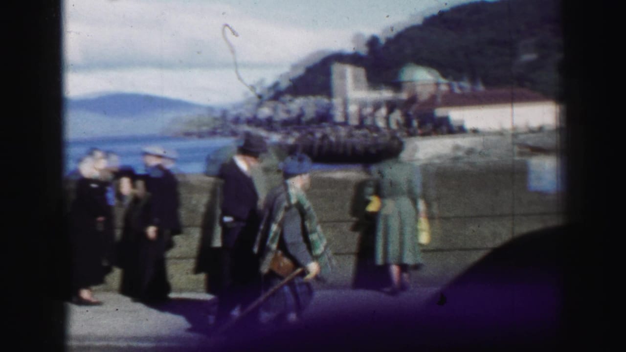 Pedestrians walk along a seaside promenade with water and hills behind them.