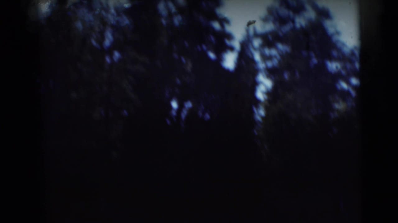 1953 Baraboo, Wisconsin 8mm frame showing dark tree reflections and blue water with heavy shadow at the edges.