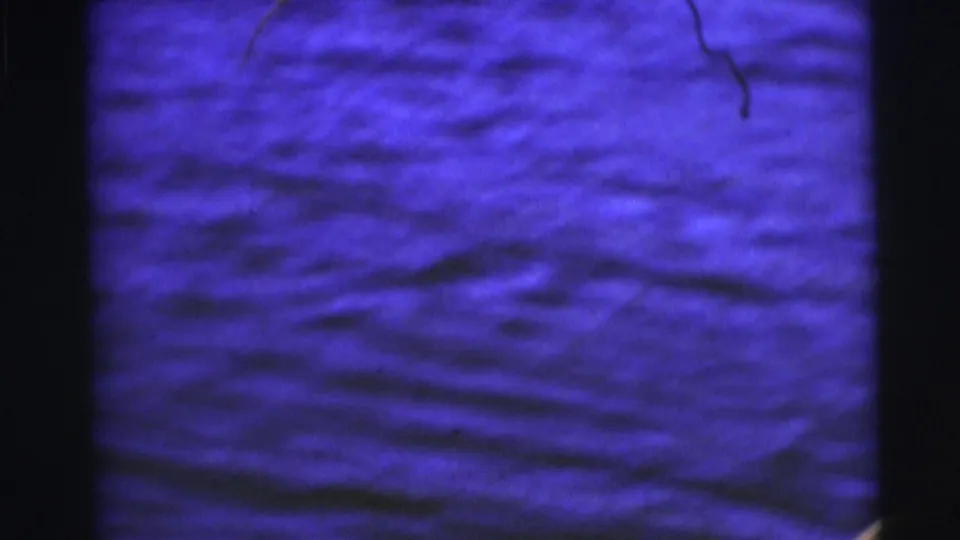 Close view of rippling lake water in blue-tinted 1953 8mm footage from Baraboo, Wisconsin.